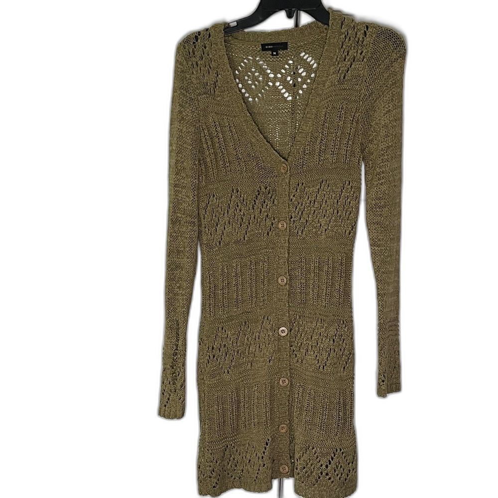 BCBG Max Azria Sweater Cardigan Duster Tan/Olive Green M Cottagecore Beach Boho